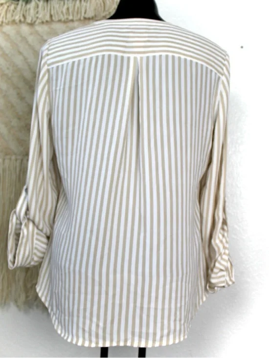 Chico's Size 0 Striped Long Sleeve Front
Tie Blouse Tan, white chifon - Picture 2 of 8